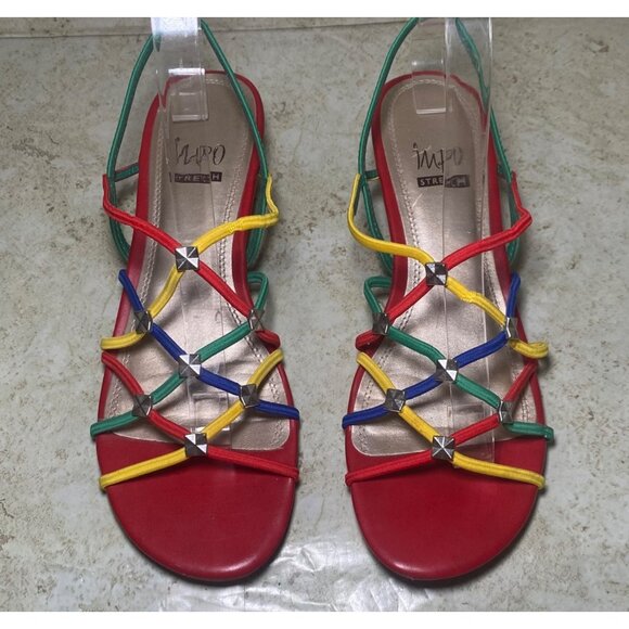 Impo Womens Strappy Sandals Red Multicolor Elastic Straps Low Wedge Heel Sz 8.5 - Picture 1 of 8